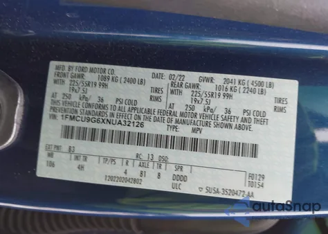 2022 Ford Escape Se z USA, uszkodzony, nr VIN 1FMCU9G6XNUA32126